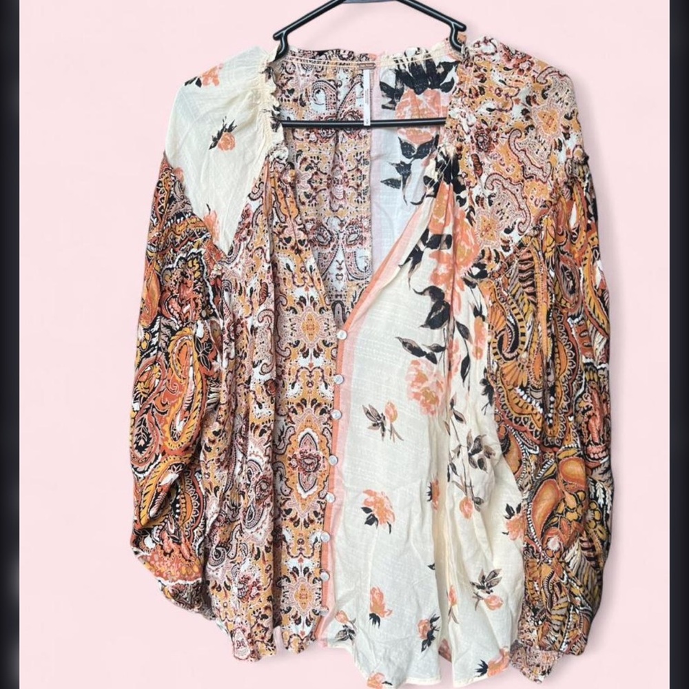 Free People Mixed Paisley & Floral Button-Front Shirt in Peach and Cream